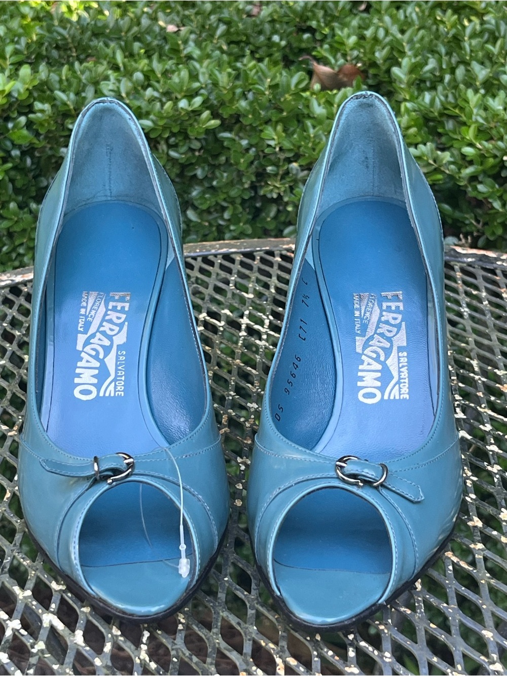 Salvatore Ferragamo Teal Open-Toe Leather Pumps with Buckle